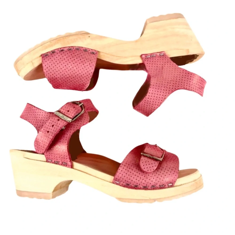 Hannah Anderson Pink Leather Ankle Strap Wood Sandals Sz 1.5
